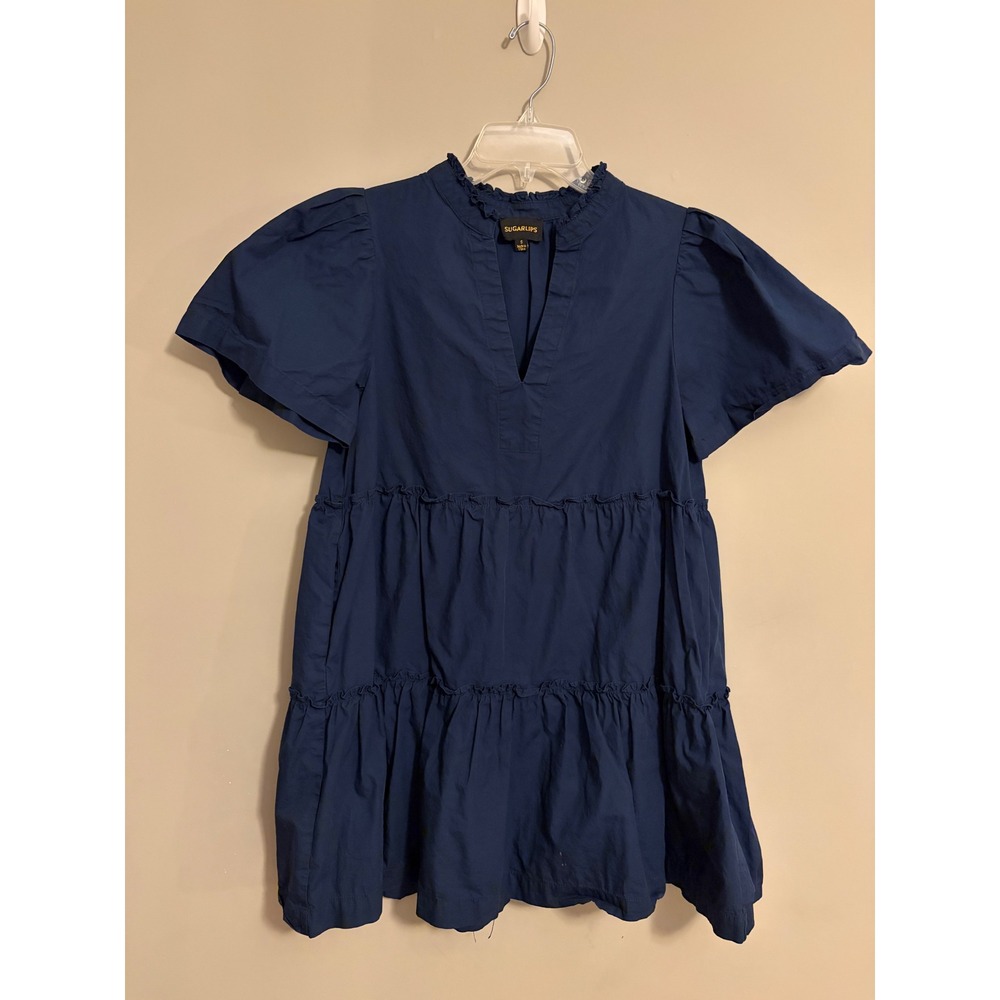 Sugarlips Tiered Mini Dress Womens Small Navy Blue Solid Ruffle Puff Sleeve Boho